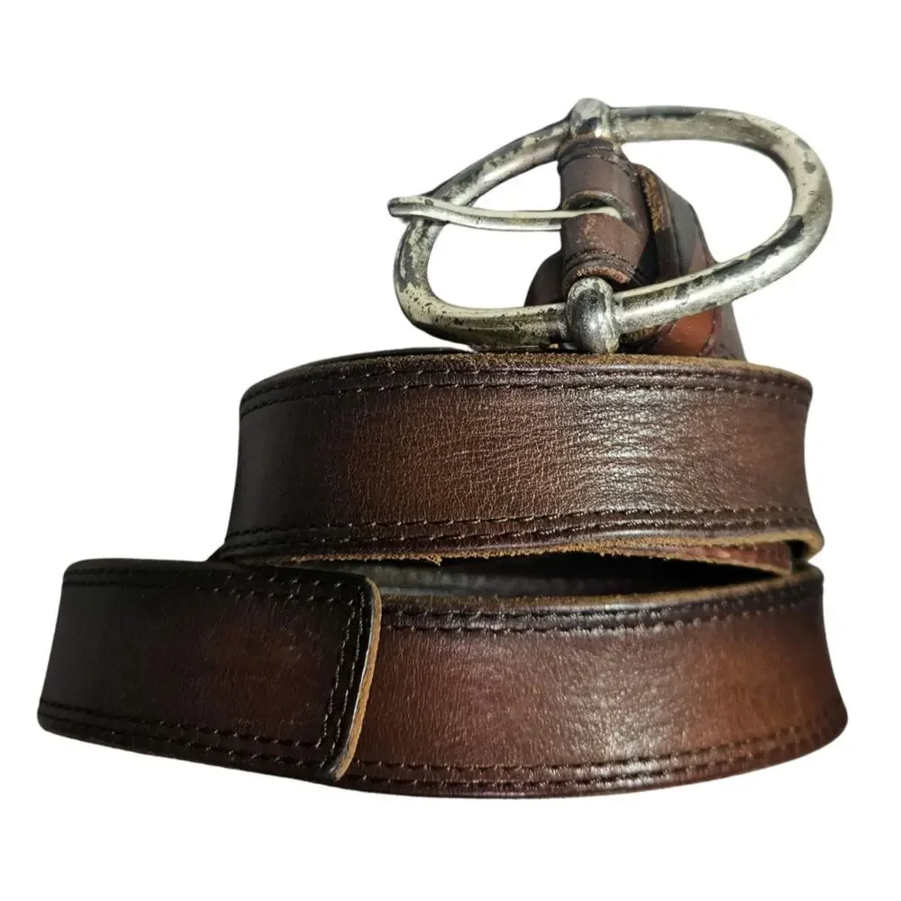 1990s Unisex Brown Leather Belt Oval Pull Through Belt Buckle Fair Condition 40